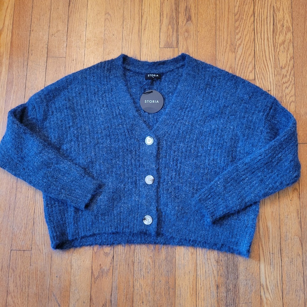 Storia S Blue Fuzzy‎ Soft Knit Wool Oversized V Neck Cardigan Sweater Cozy Layer